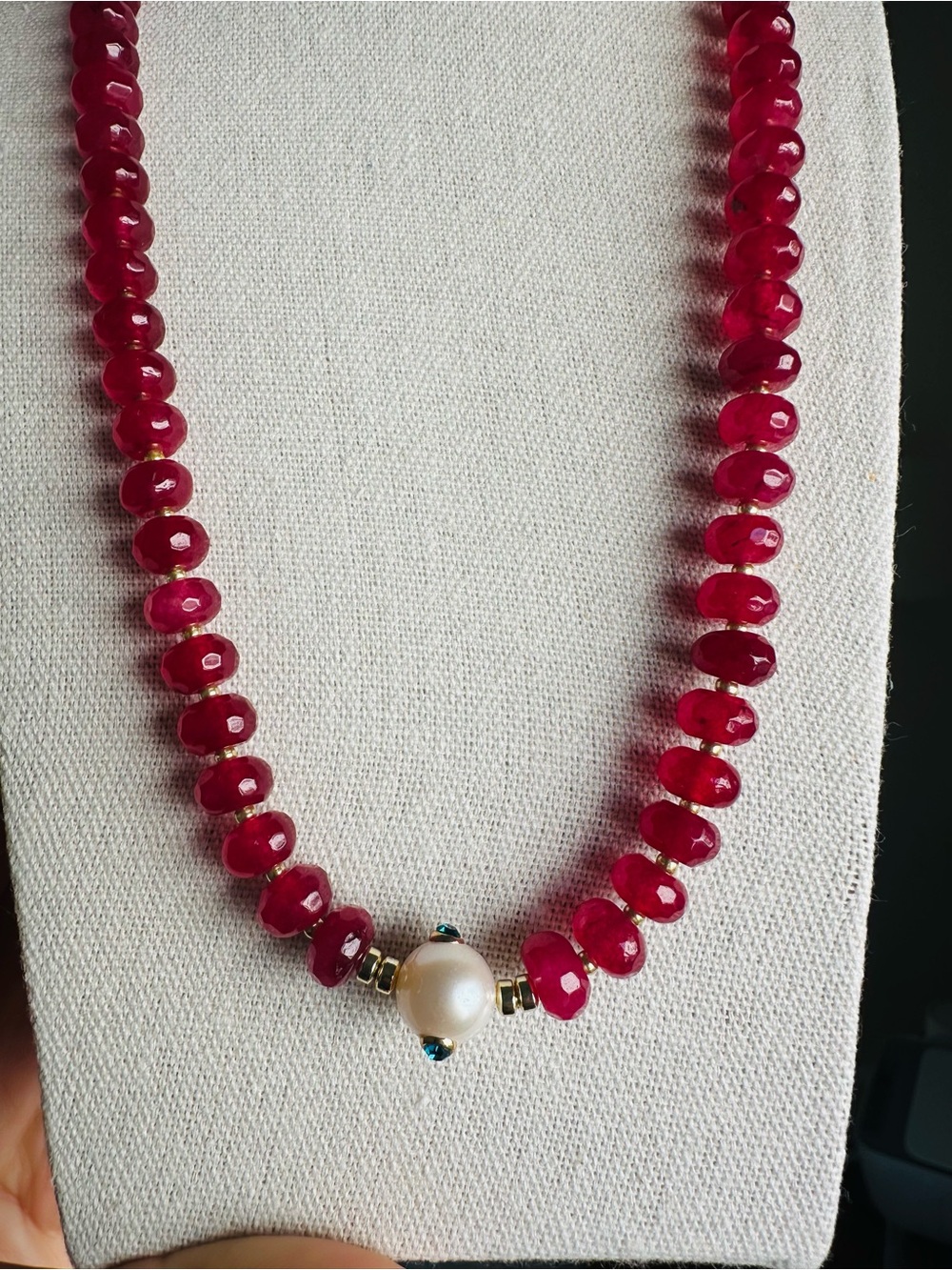 Red Gemstone Beaded Necklace with Pearl Accent | Layering Maximalist Jewelry